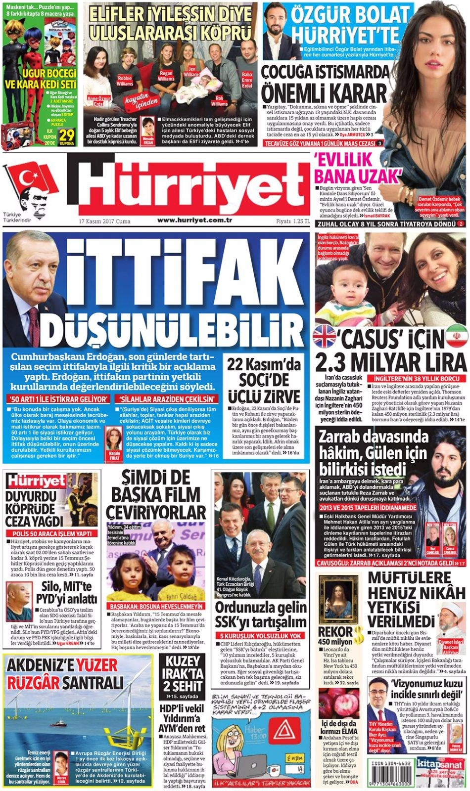 Gazete manşetleri Hürriyet - Sözcü - Fanatik 17 Kasım 2017