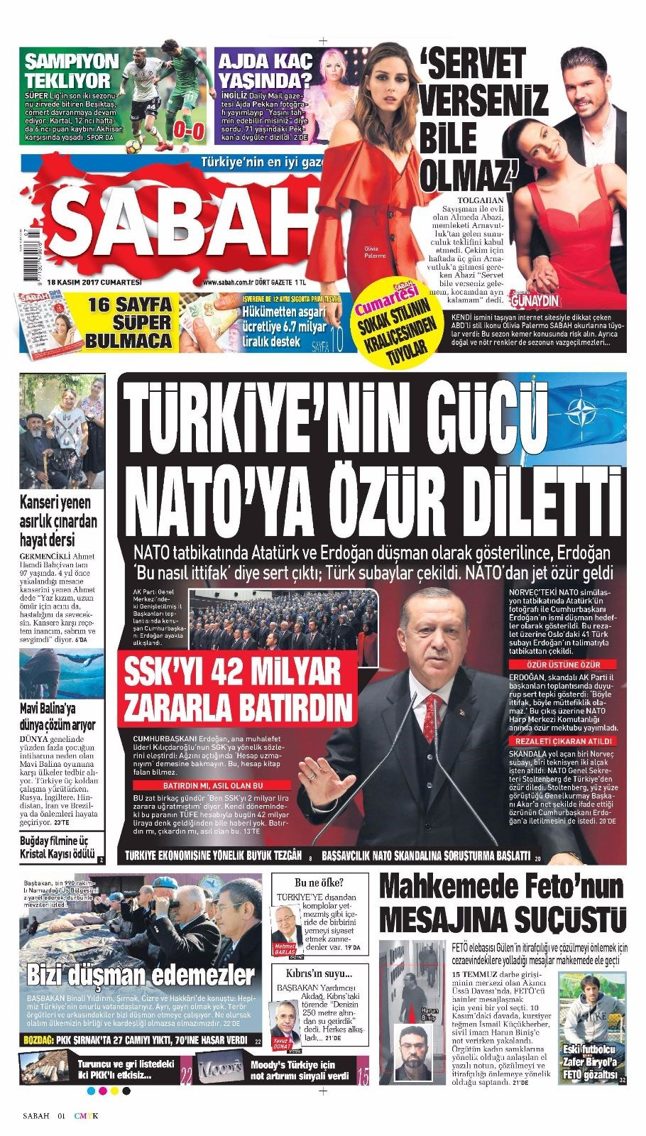 Gazete manşetleri Fanatik - Fotomaç - Sözcü 18 Kasım 2017
