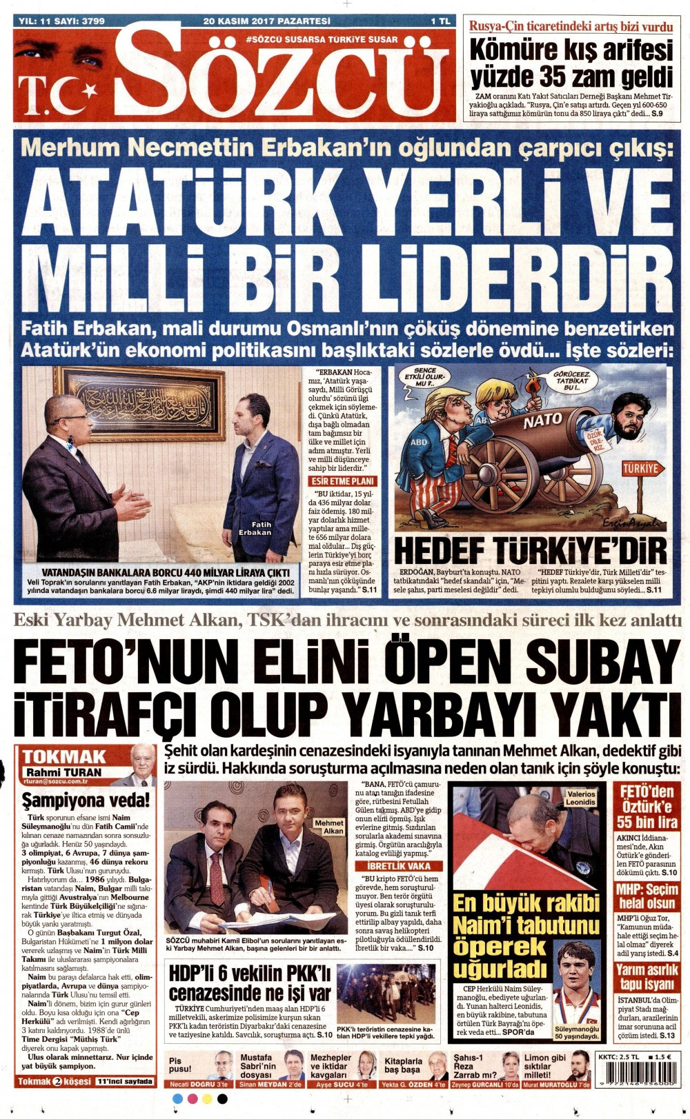 Gazete manşetleri Hürriyet - Sözcü - Fanatik 20 Kasım 2017