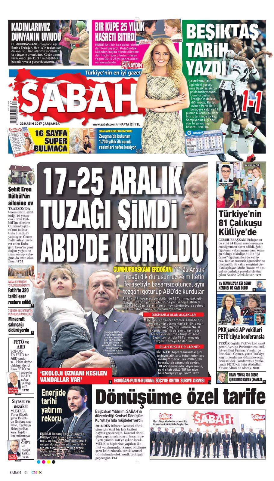 Gazete manşetleri Fanatik - Fotomaç - Sözcü 22 Kasım 2017