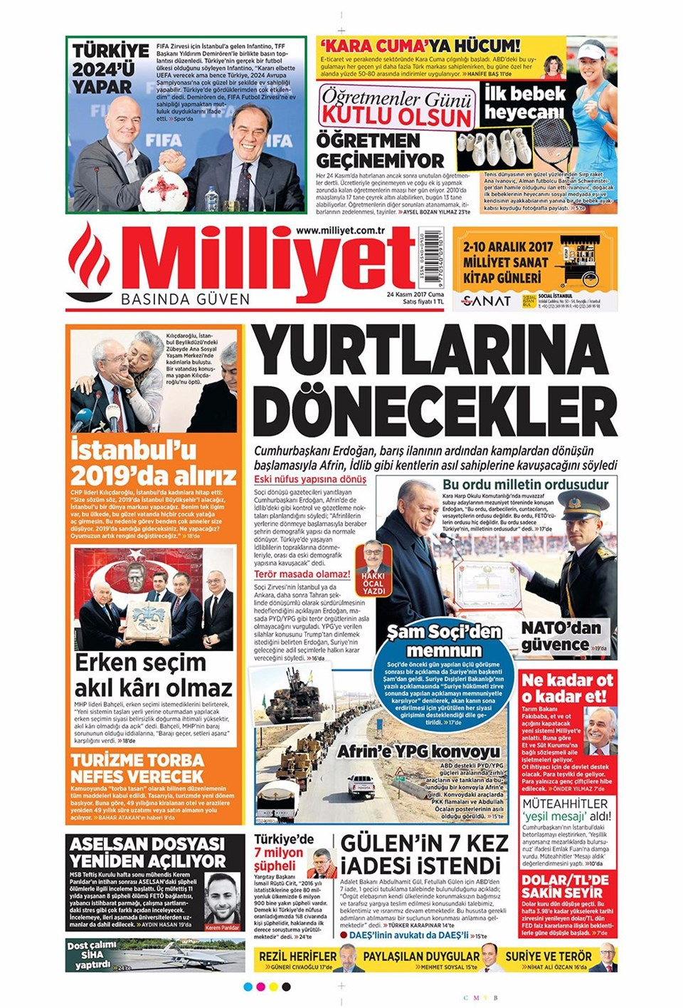 Gazete manşetleri Sözcü - Hürriyet - Milliyet 24 Kasım 2017