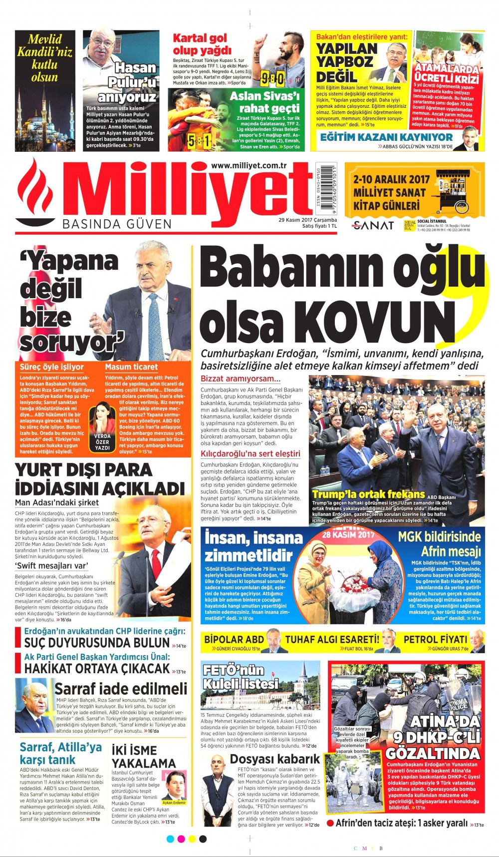 Gazete manşetleri Hürriyet - Sözcü - Fanatik 29 Kasım 2017