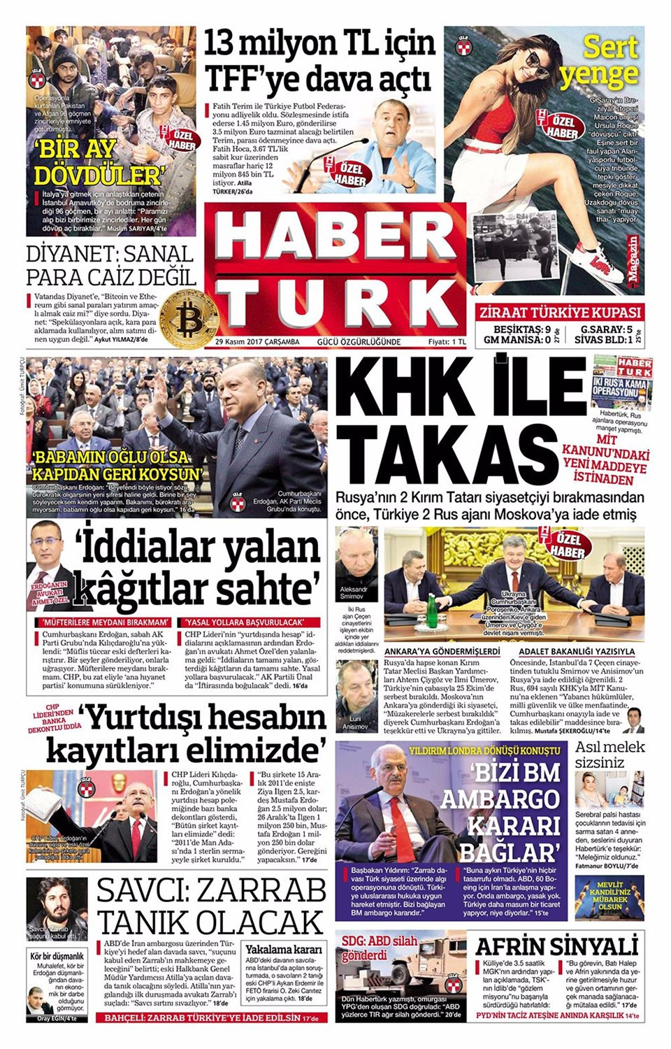 Gazete manşetleri Hürriyet - Sözcü - Fanatik 29 Kasım 2017