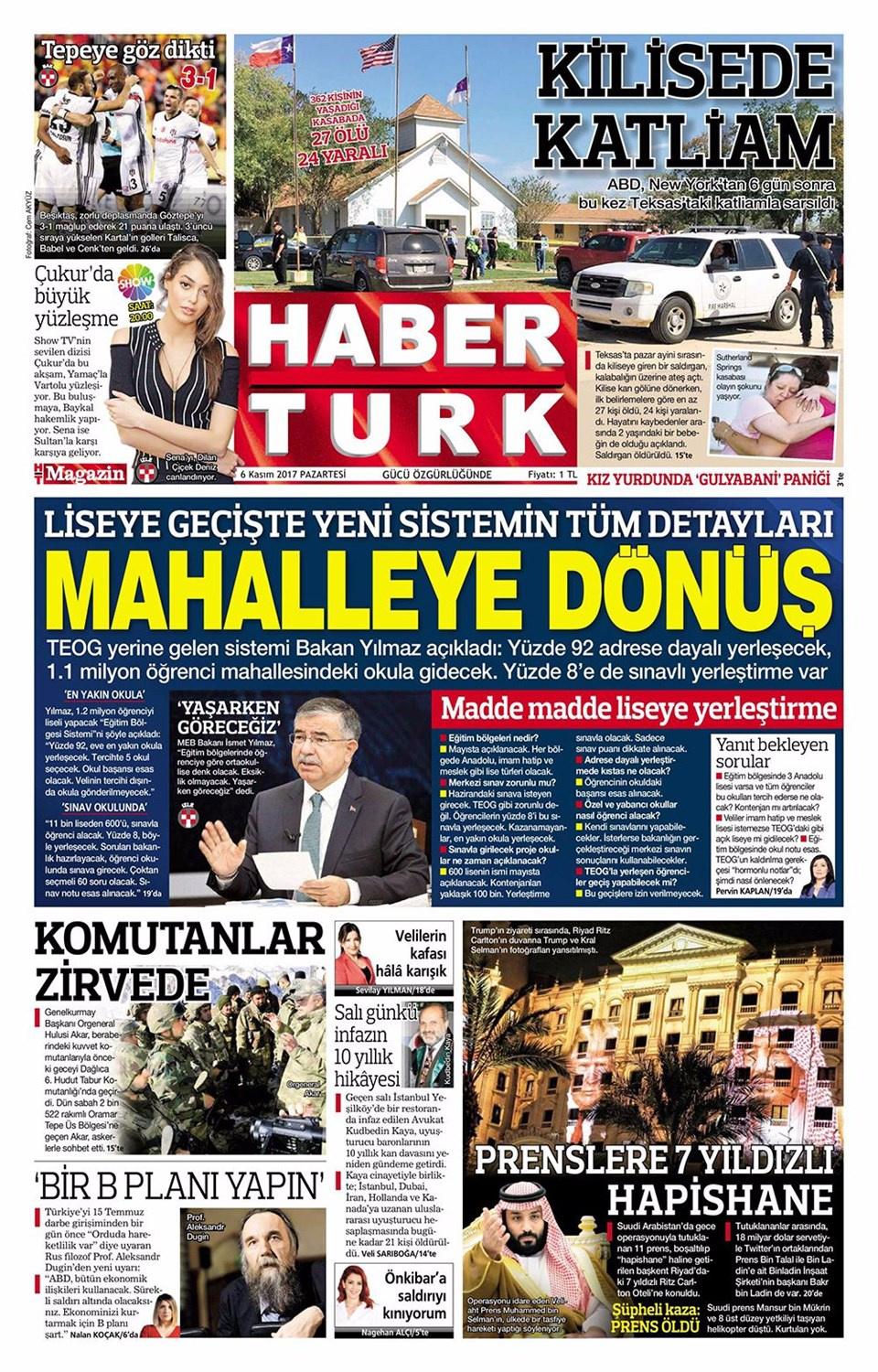 Gazete manşetleri Hürriyet - Fanatik - Fotomaç 6 Kasım 2017