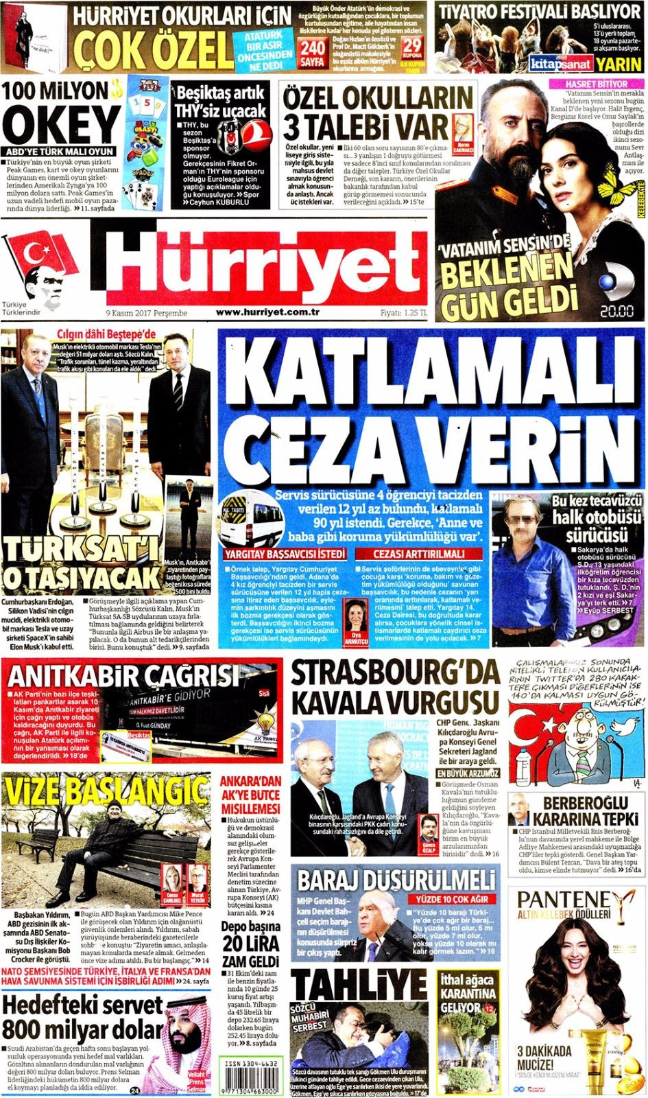 Gazete manşetleri Sözcü - Hürriyet - Milliyet 9 Kasım 2017