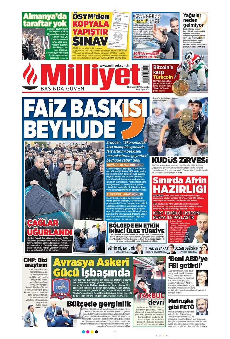 Gazete manşetleri Sözcü - Habertürk - Hürriyet 13 Aralık 2017
