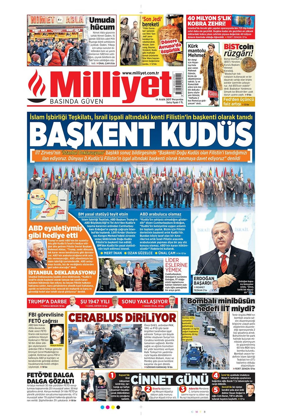 Gazete manşetleri Hürriyet - Milliyet - Sözcü 14 Aralık 2017