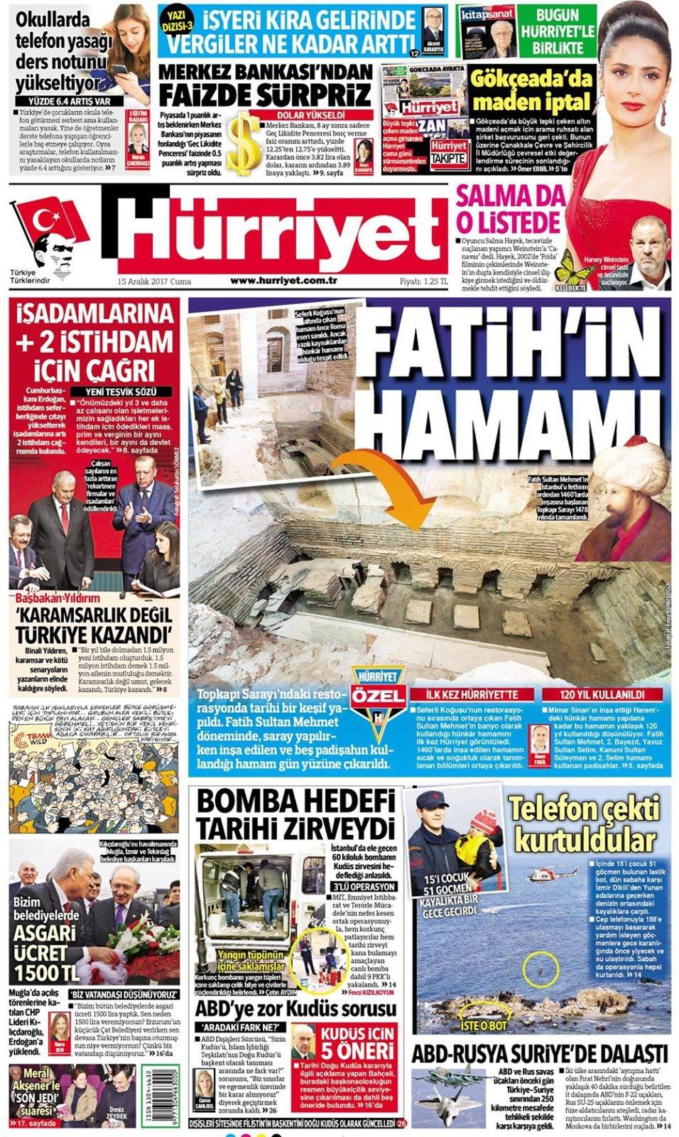 Gazete manşetleri Hürriyet - Sözcü - Sabah 15 Aralık 2017