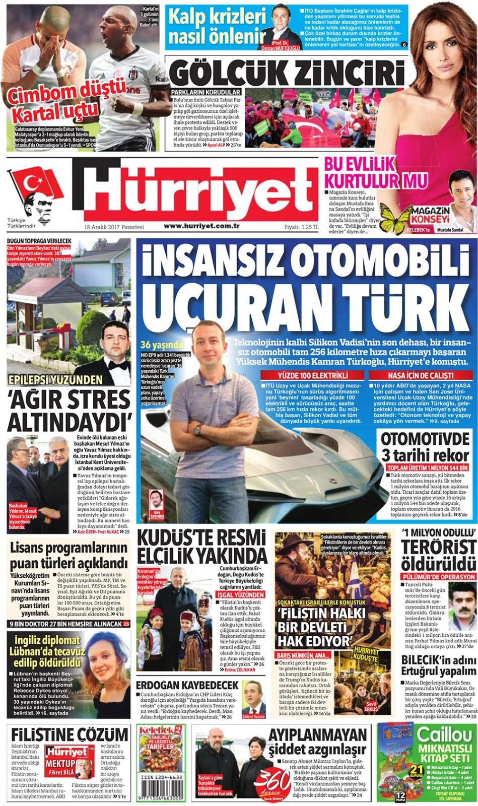 Gazete manşetleri Hürriyet - Fotomaç - Fanatik 18 Aralık 2017