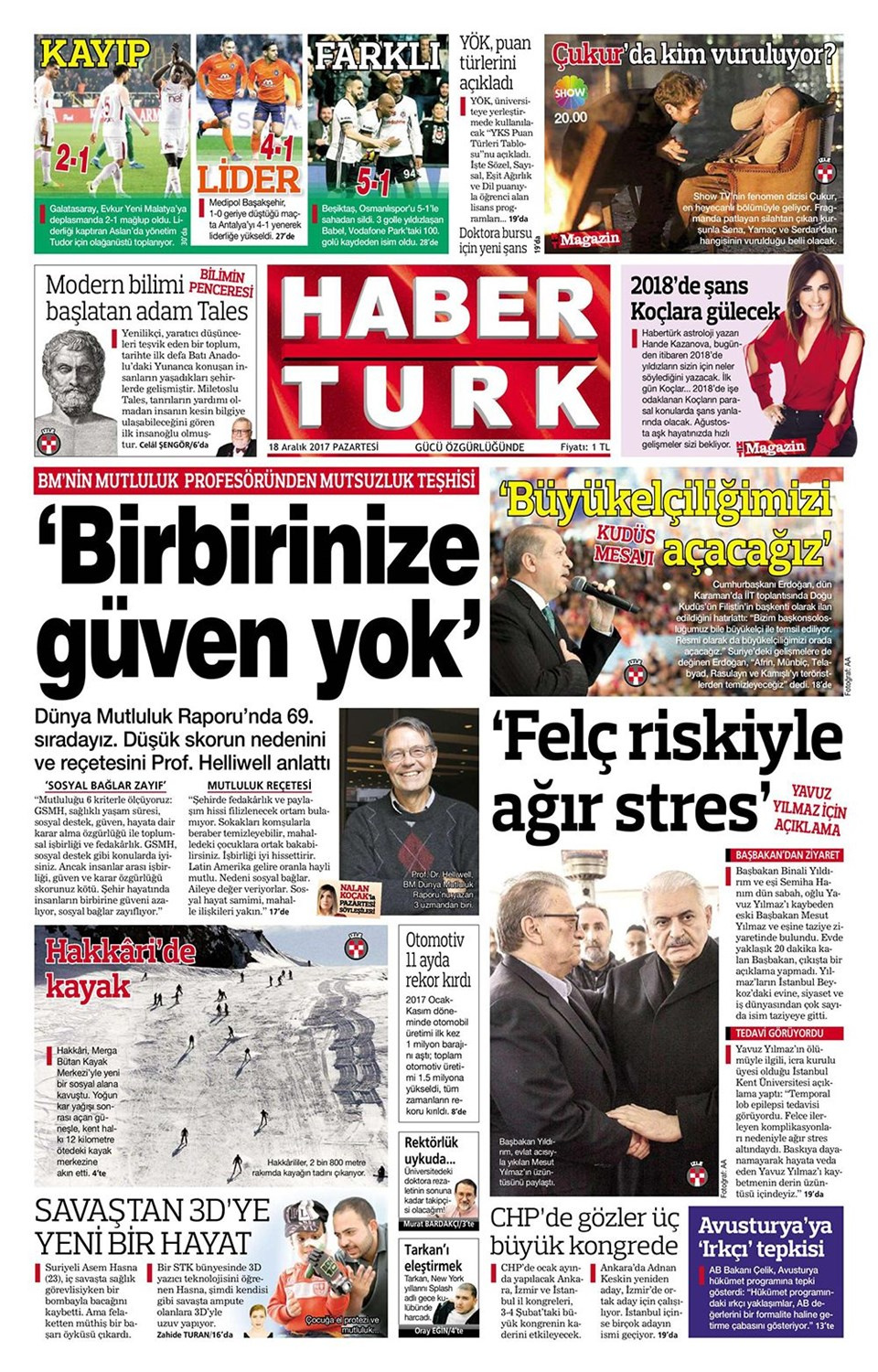 Gazete manşetleri Hürriyet - Fotomaç - Fanatik 18 Aralık 2017