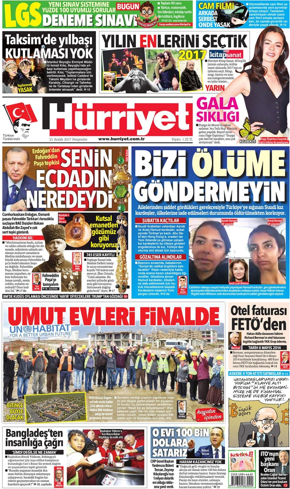 Gazete manşetleri Milliyet - Hürriyet - Sözcü 21 Aralık 2017