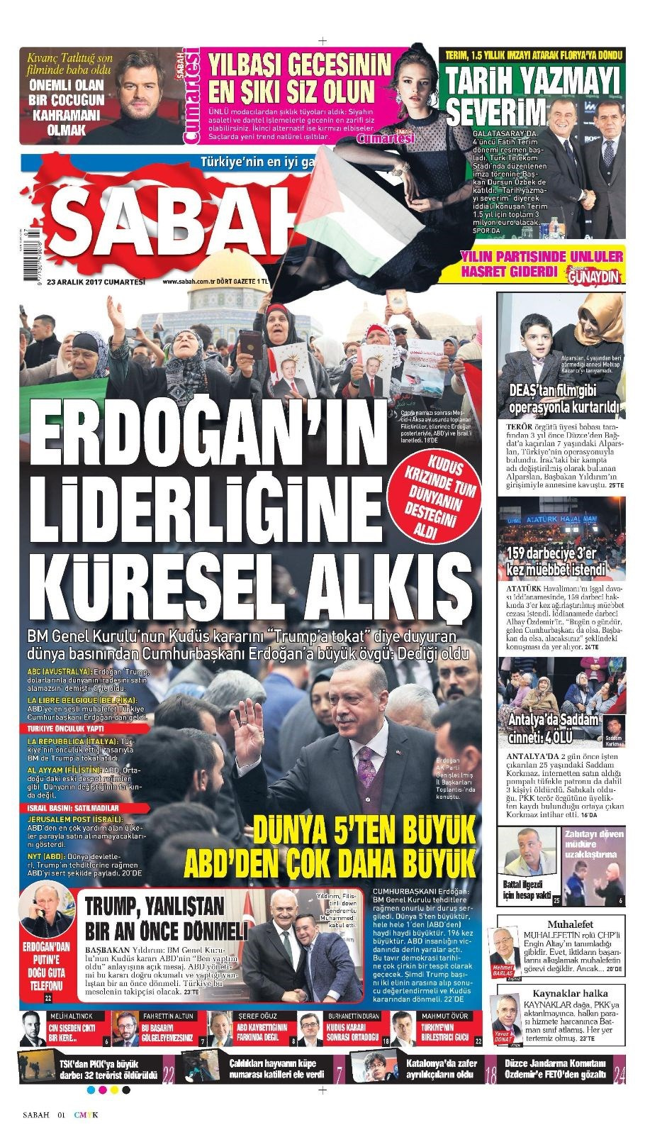 Gazete manşetleri Hürriyet - Sözcü - Sabah 23 aralık 2017