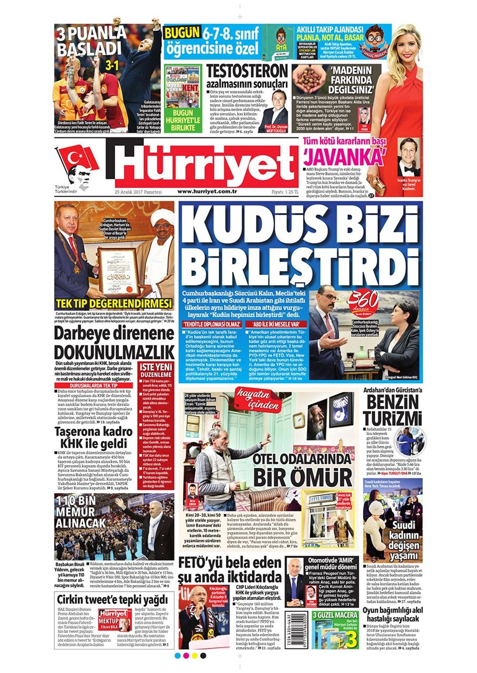 Gazete manşetleri Hürriyet - Sözcü - Sabah 25 Aralık 2017