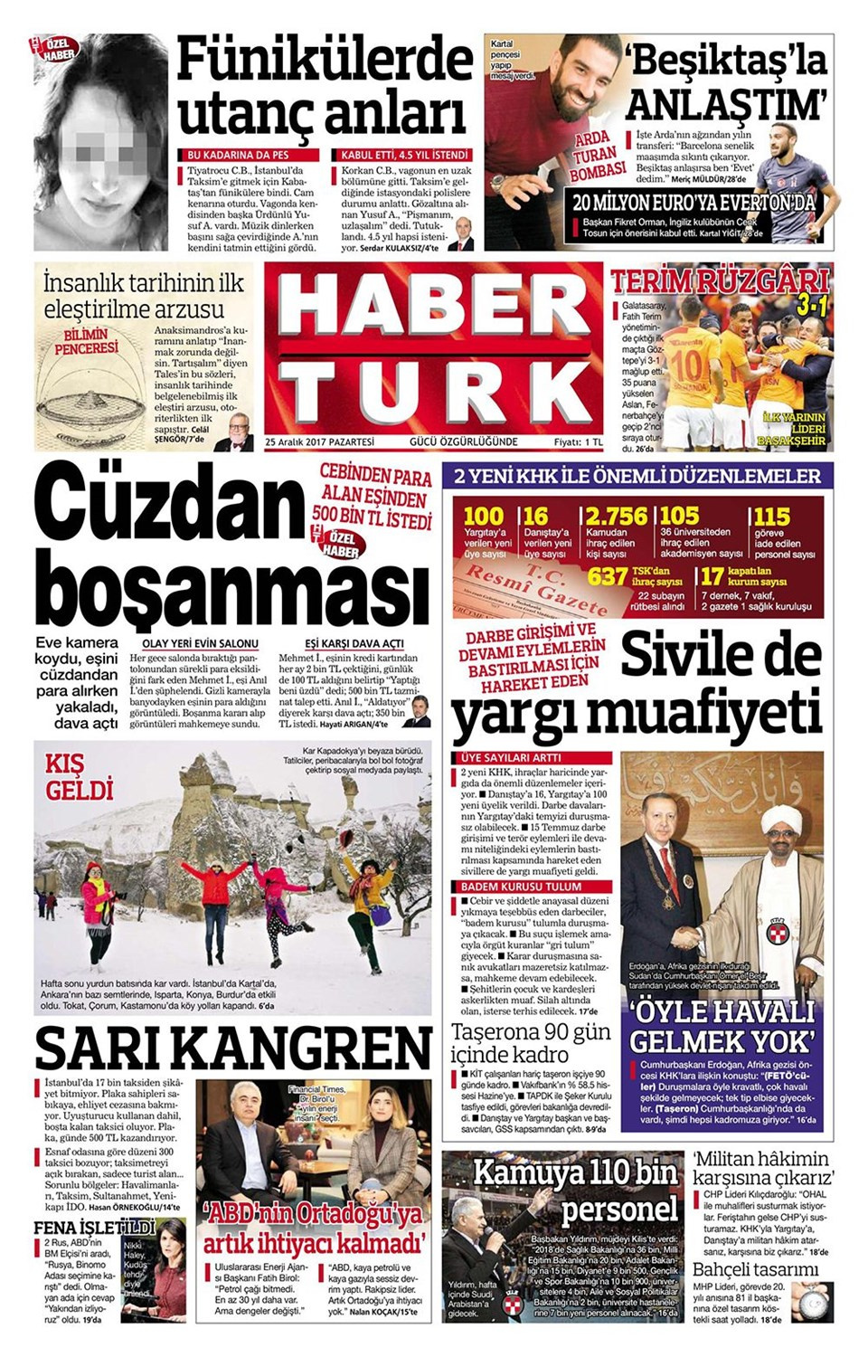 Gazete manşetleri Hürriyet - Sözcü - Sabah 25 Aralık 2017