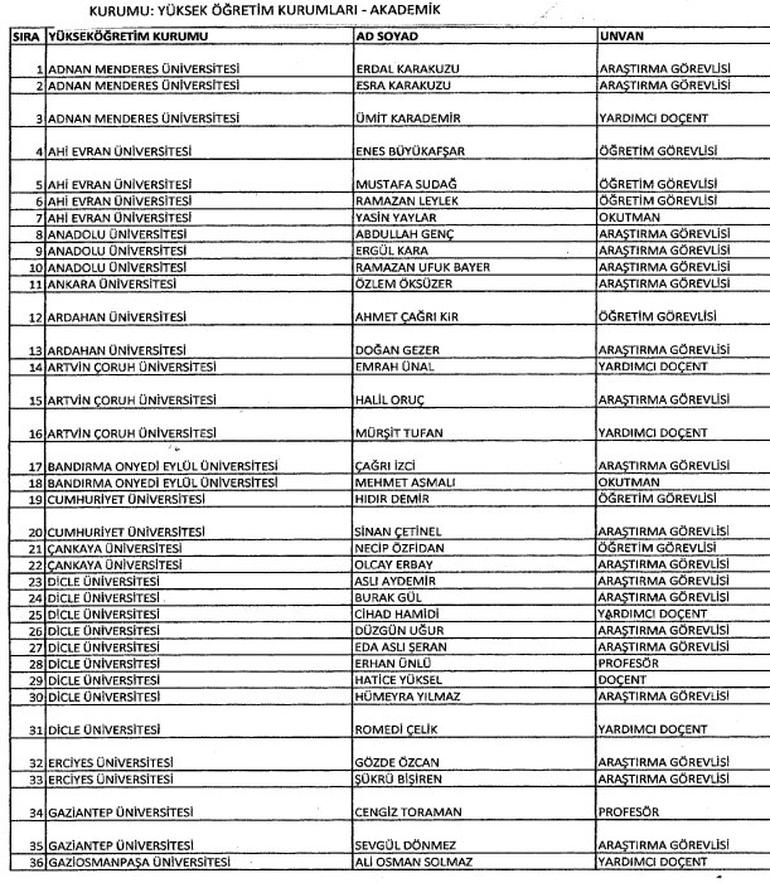 695 sayılı KHK ihraç edilen akademisyen isim isim liste
