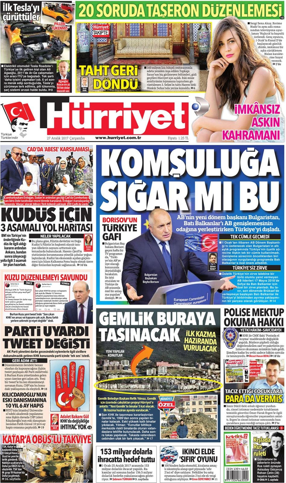 Gazete manşetleri Sözcü - Hürriyet - Sabah 27 Aralık 2017