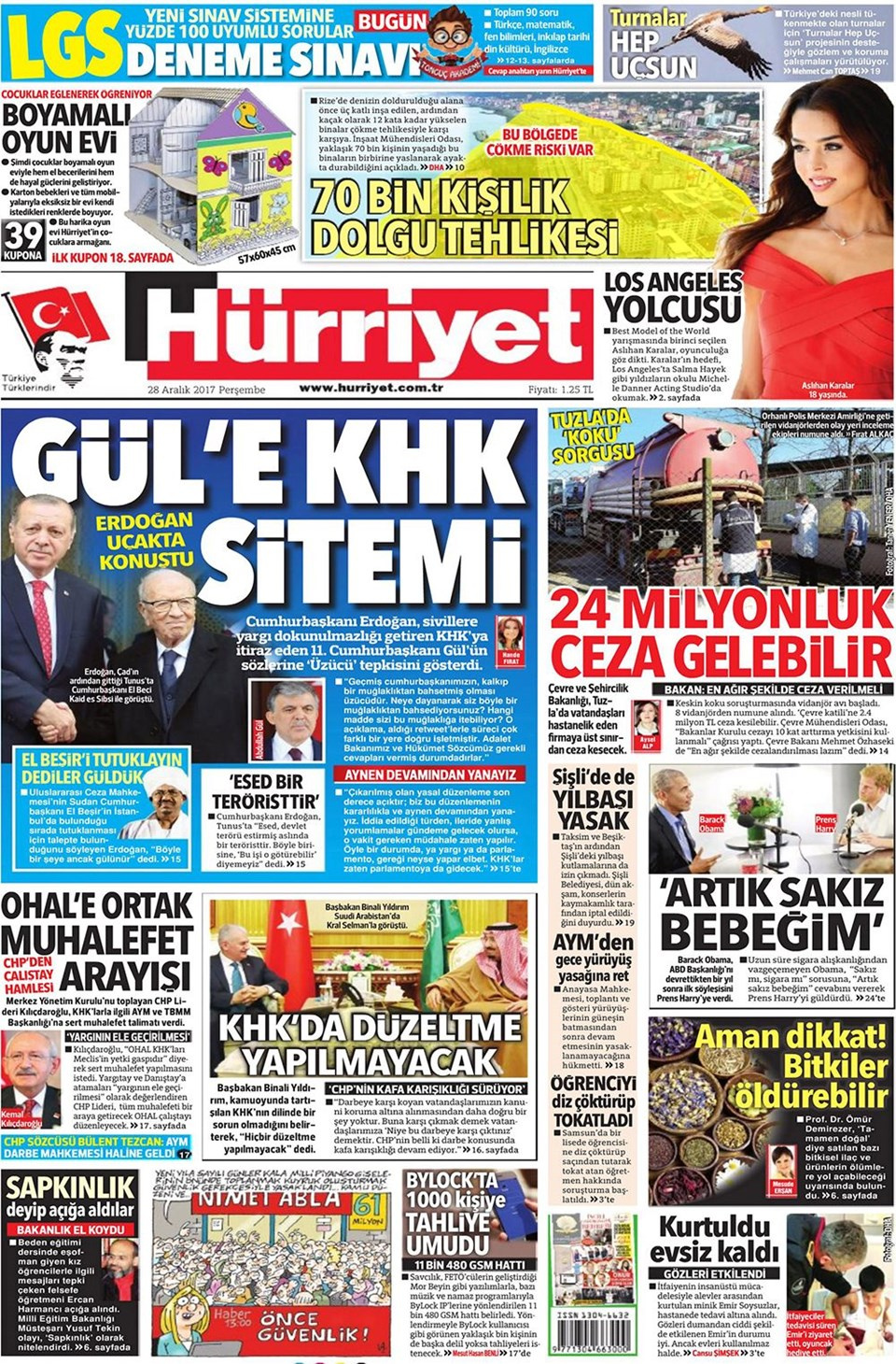 Gazete manşetleri Milliyet - Hürriyet - Sözcü 28 Aralık 2017