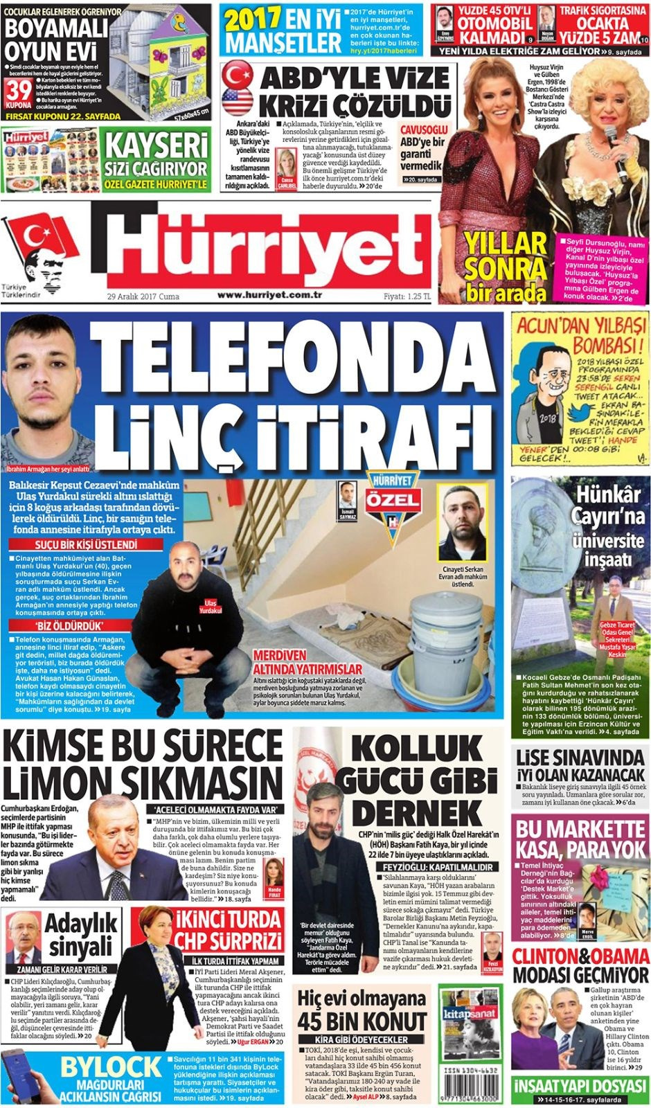 Gazete manşetleri Hürriyet - Sözcü - Habertürk 29 Aralık 2017