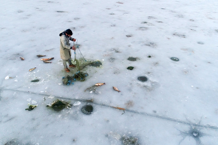 Buz üstünde tehlikeli sazan avı 
