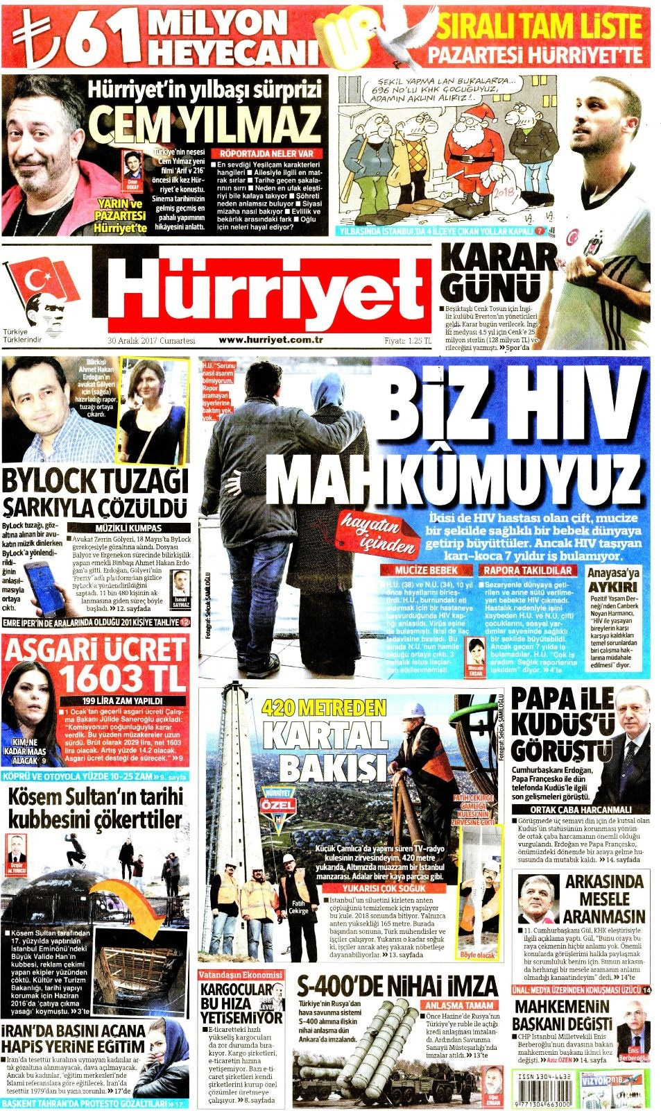 Gazete manşetleri Hürriyet - Sözcü - Sabah 30 Aralık 2017