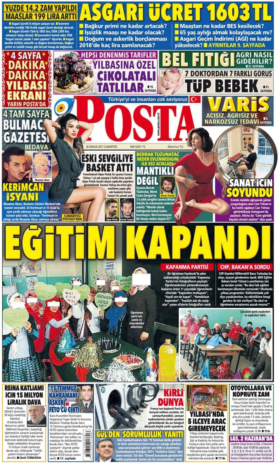Gazete manşetleri Hürriyet - Sözcü - Sabah 30 Aralık 2017