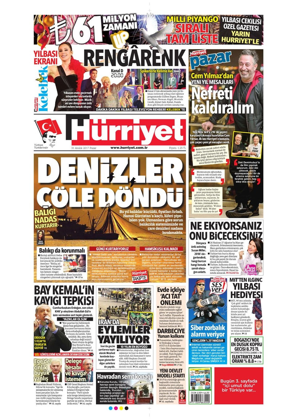 Gazete manşetleri Hürriyet - Sözcü - Posta 31 Aralık 2017