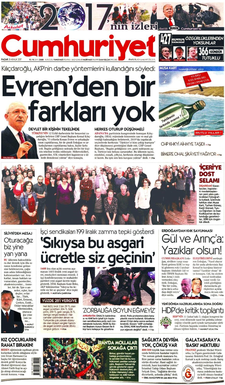 Gazete manşetleri Hürriyet - Sözcü - Posta 31 Aralık 2017