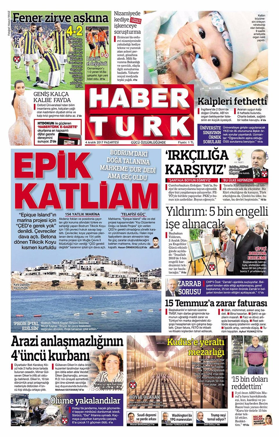 Gazete manşetleri Hürriyet - Fanatik - Sabah 4 Aralık 2017 