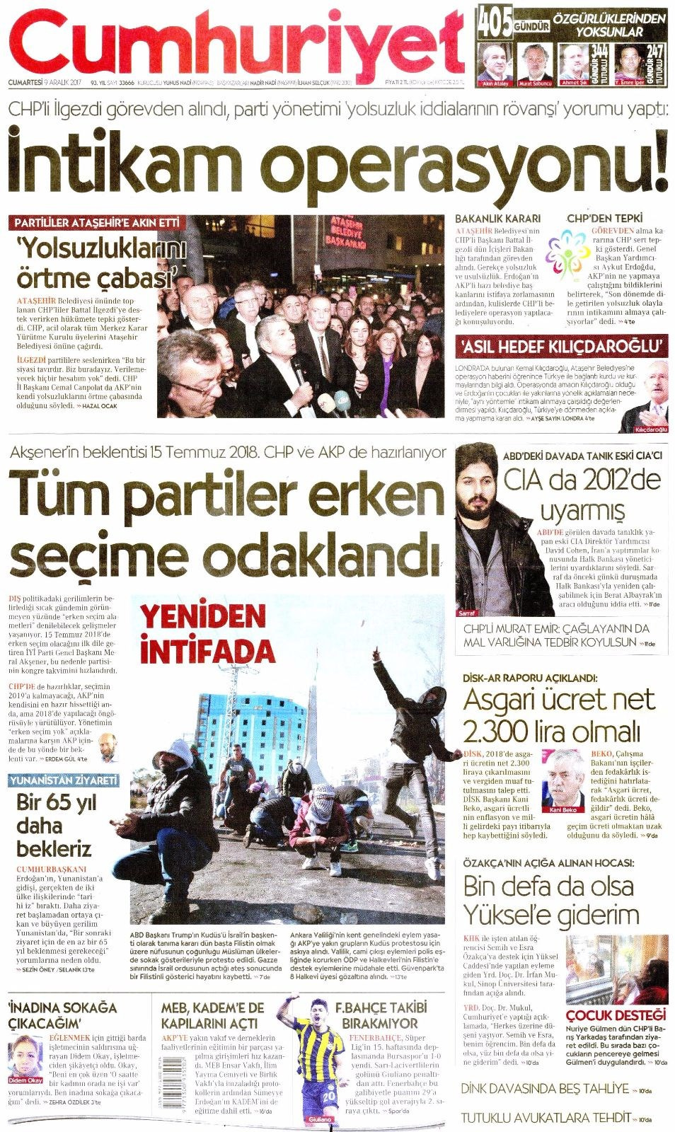 Gazete manşetleri Hürriyet - Sözcü - Fanatik 9 Aralık 2017