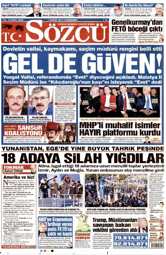 Gazete manşetleri Hürriyet - Sözcü - Yeni Şafak 1 Şubat 2017 neler var?