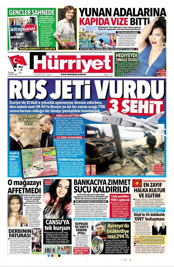 Gazete manşetleri Sözcü - Hürriyet - Cumhuriyet 10 Şubat 2017