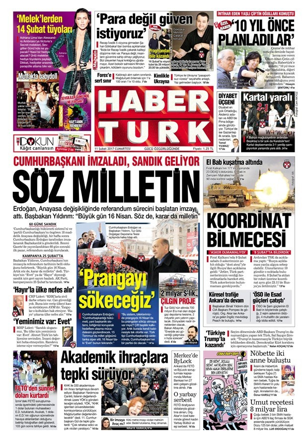 Gazete manşetleri Sözcü - Hürriyet - Cumhuriyet 11 Şubat 2017