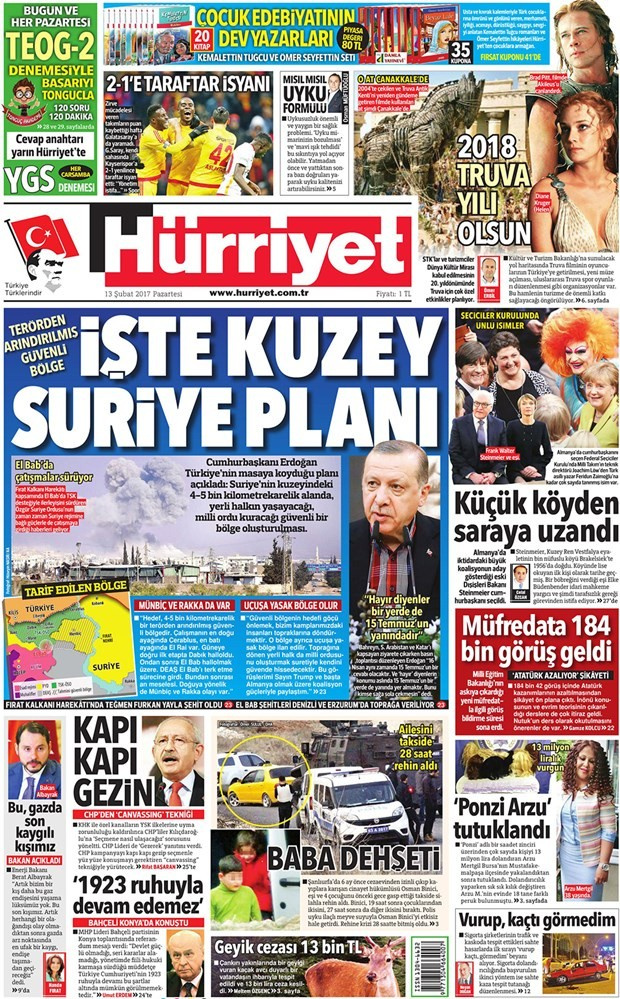 Gazete manşetleri Sözcü - Vatan - Hürriyet 13 Şubat 2017