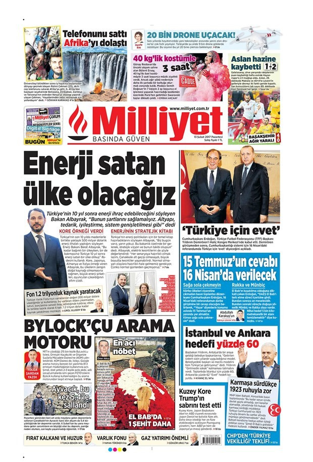 Gazete manşetleri Sözcü - Vatan - Hürriyet 13 Şubat 2017