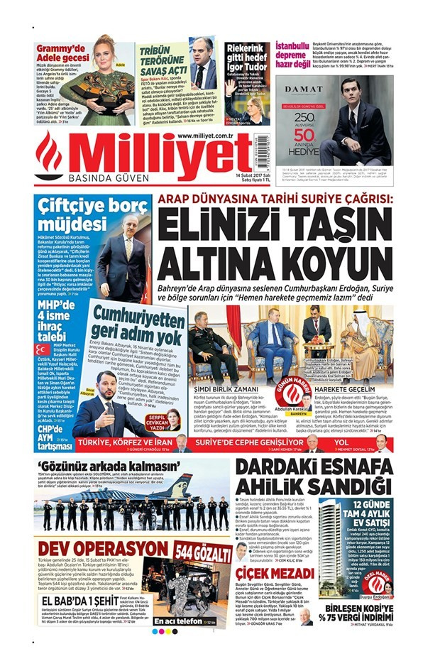 Gazete manşetleri Sözcü - Vatan - Hürriyet 14 Şubat 2017