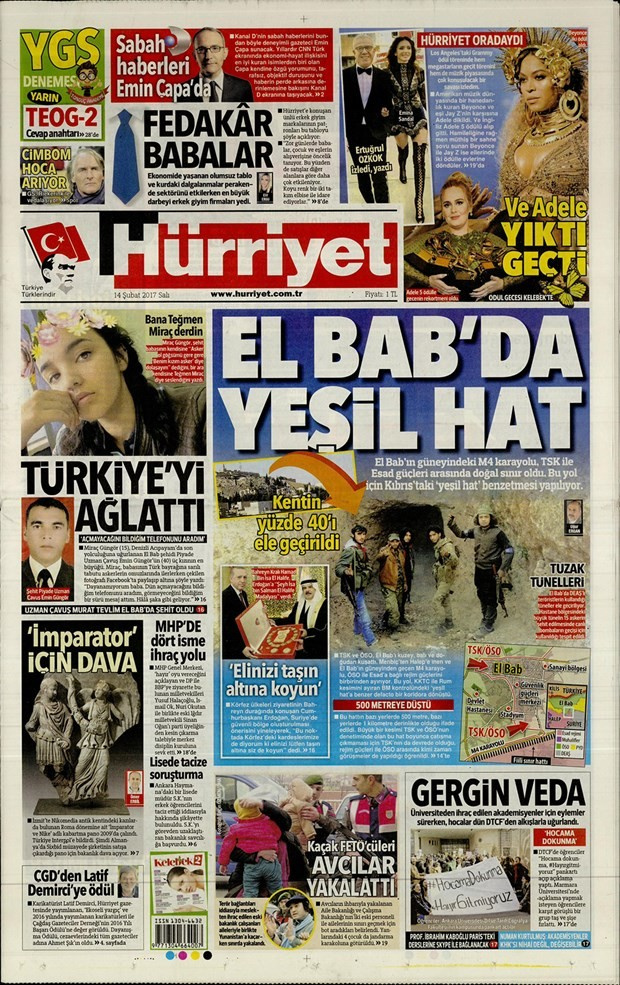 Gazete manşetleri Sözcü - Vatan - Hürriyet 14 Şubat 2017