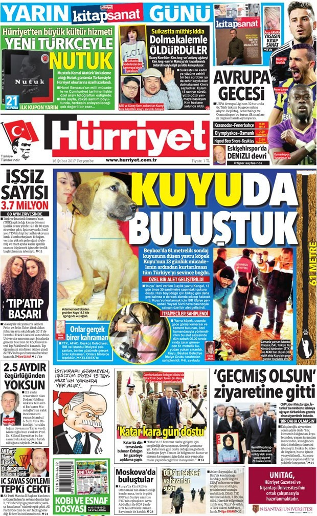 Gazete manşetleri Sözcü - Hürriyet - Habertürk 16 Şubat 2017