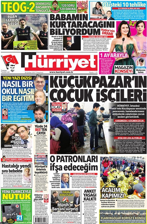 Gazete manşetleri 20 Şubat 2017 Sözcü - Milliyet - Habertürk
