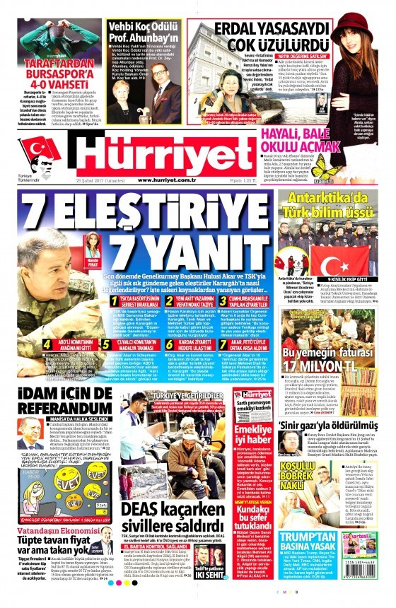 Gazete manşetleri 25 Şubat 2017 Sözcü - Hürriyet - Sabah