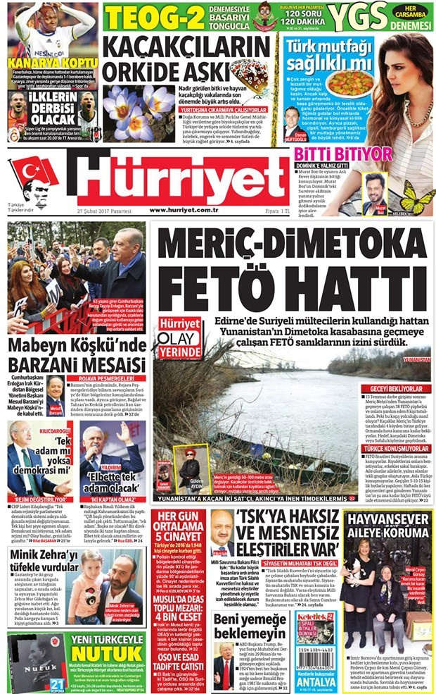 Gazete manşetleri 27 Şubat 2017 Sözcü - Hürriyet - Habertürk
