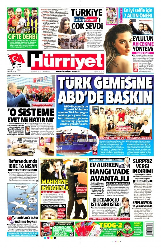 Gazete manşetleri Sözcü - Hürriyet - Habertürk 4 Şubat 2017