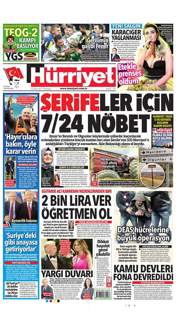 Gazete manşetleri Sözcü - Hürriyet - Habertürk 6 Şubat 2017