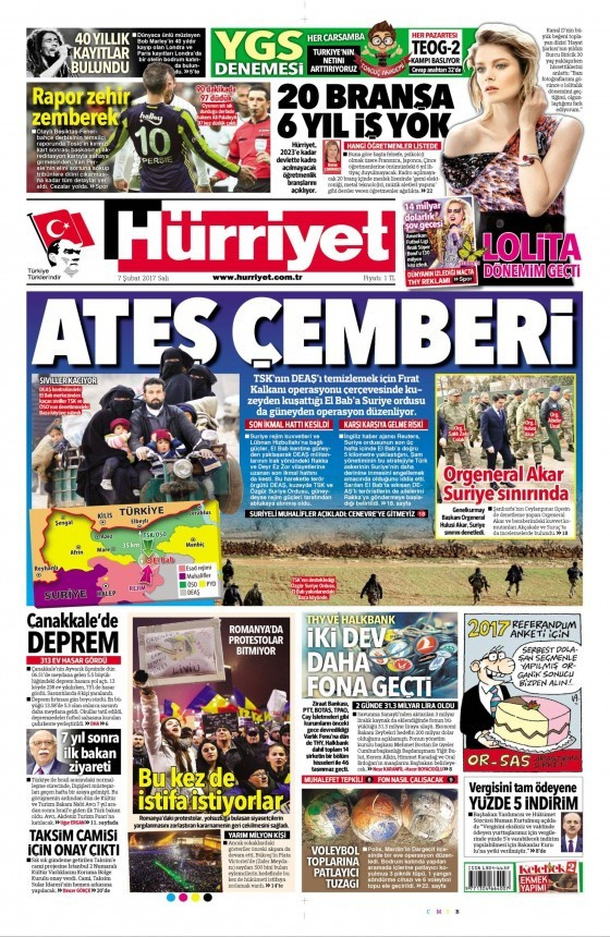 Gazete manşetleri Hürriyet - Sözcü - Cumhuriyet 7 Şubat 2017