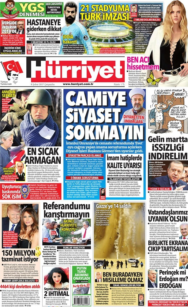 Gazete manşetleri Sözcü - Hürriyet - Habertürk 8 Şubat 2017