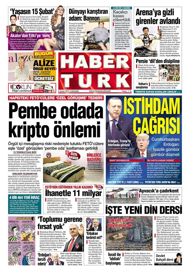 Gazete manşetleri Sözcü - Hürriyet - Habertürk 8 Şubat 2017