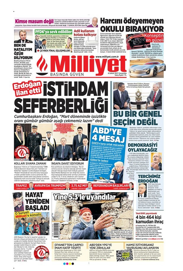 Gazete manşetleri Sözcü - Hürriyet - Habertürk 8 Şubat 2017