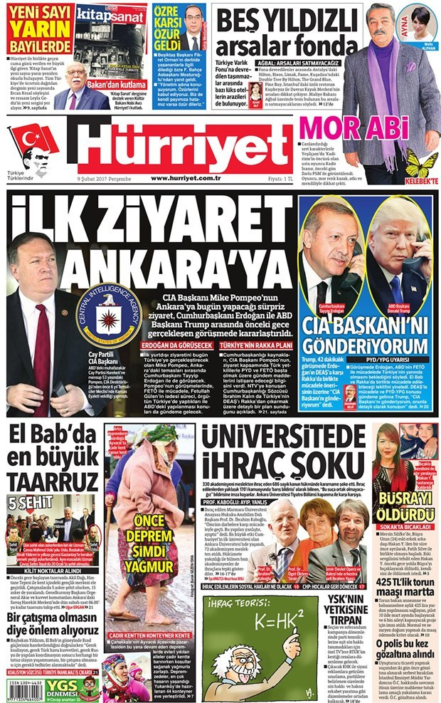 Gazete manşetleri Habertürk - Hürriyet - Sözcü 9 Şubat 2017