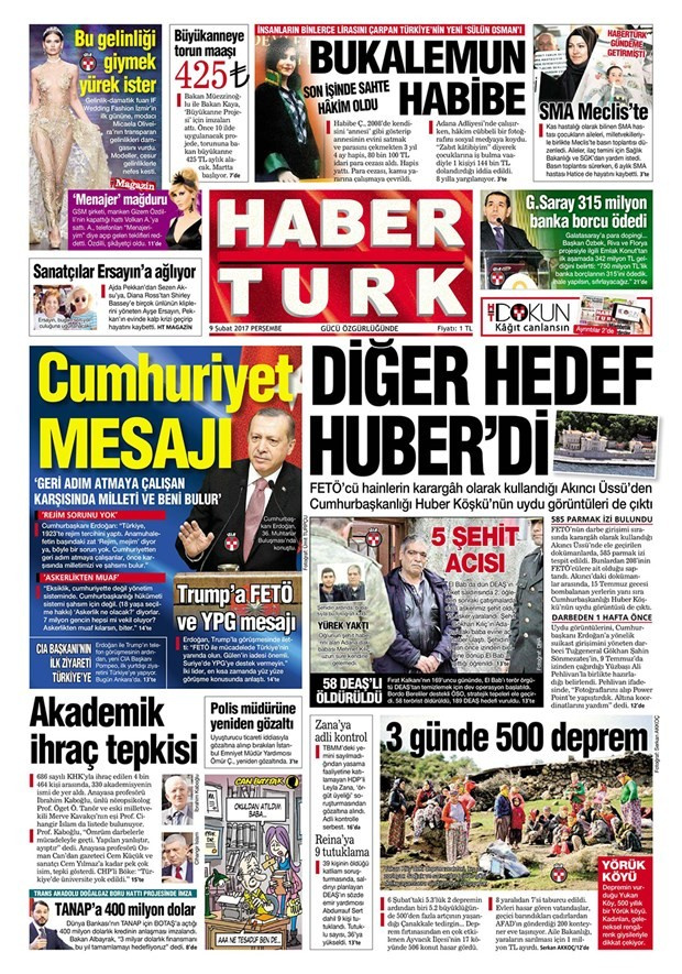 Gazete manşetleri Habertürk - Hürriyet - Sözcü 9 Şubat 2017