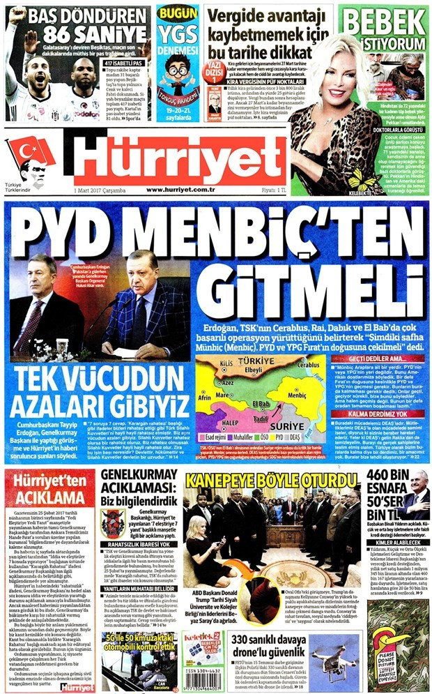 Gazete manşetleri Vatan - Sözcü - Habertürk 1 Mart 2017