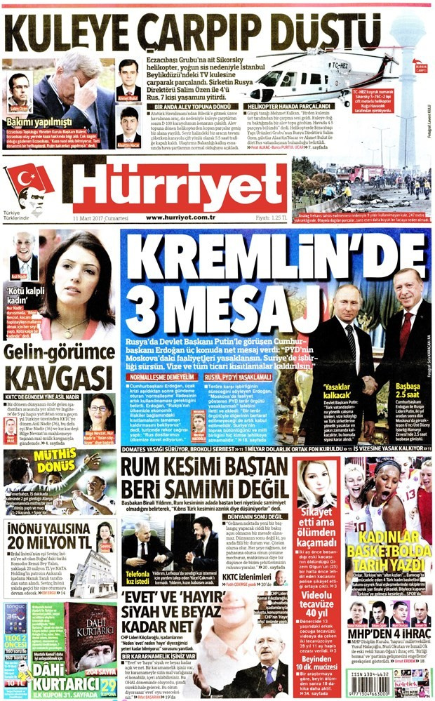 Gazete manşetleri Sözcü - Hürriyet - Habertürk 11 Mart 2017